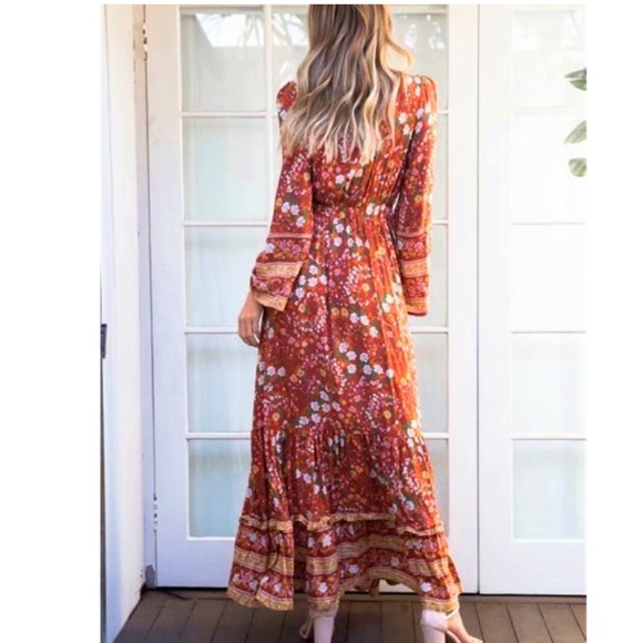 boho chic gypsy floral print low neck maxi dress - Picture 2 of 5
